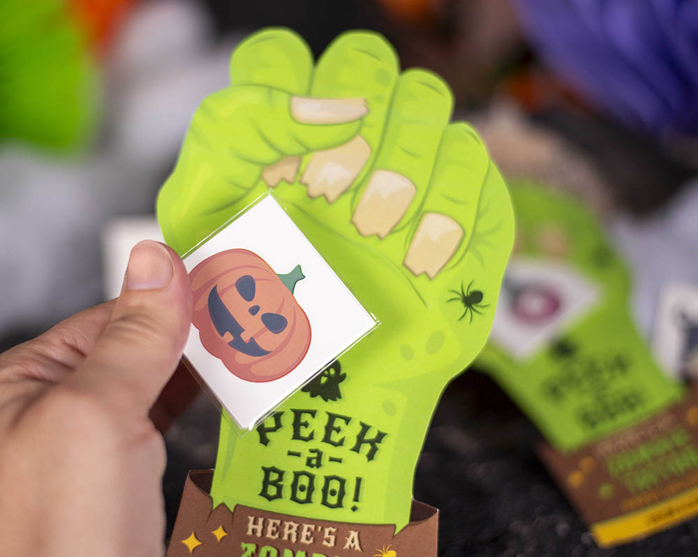 printable halloween gift, zombie hand that holds a temporary tattoo